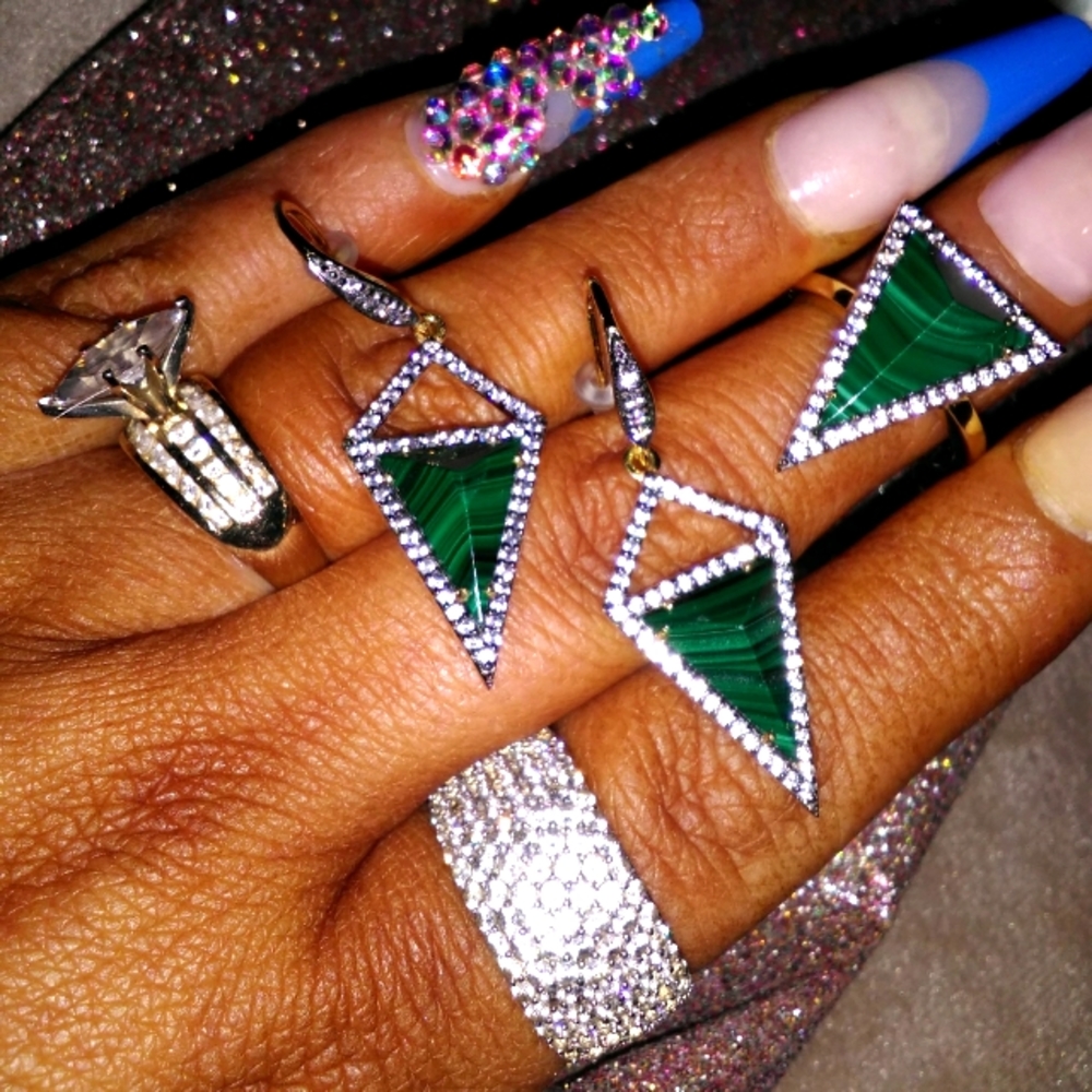 Stunning Malachite & Zircon Gemstone 3-D Earrings